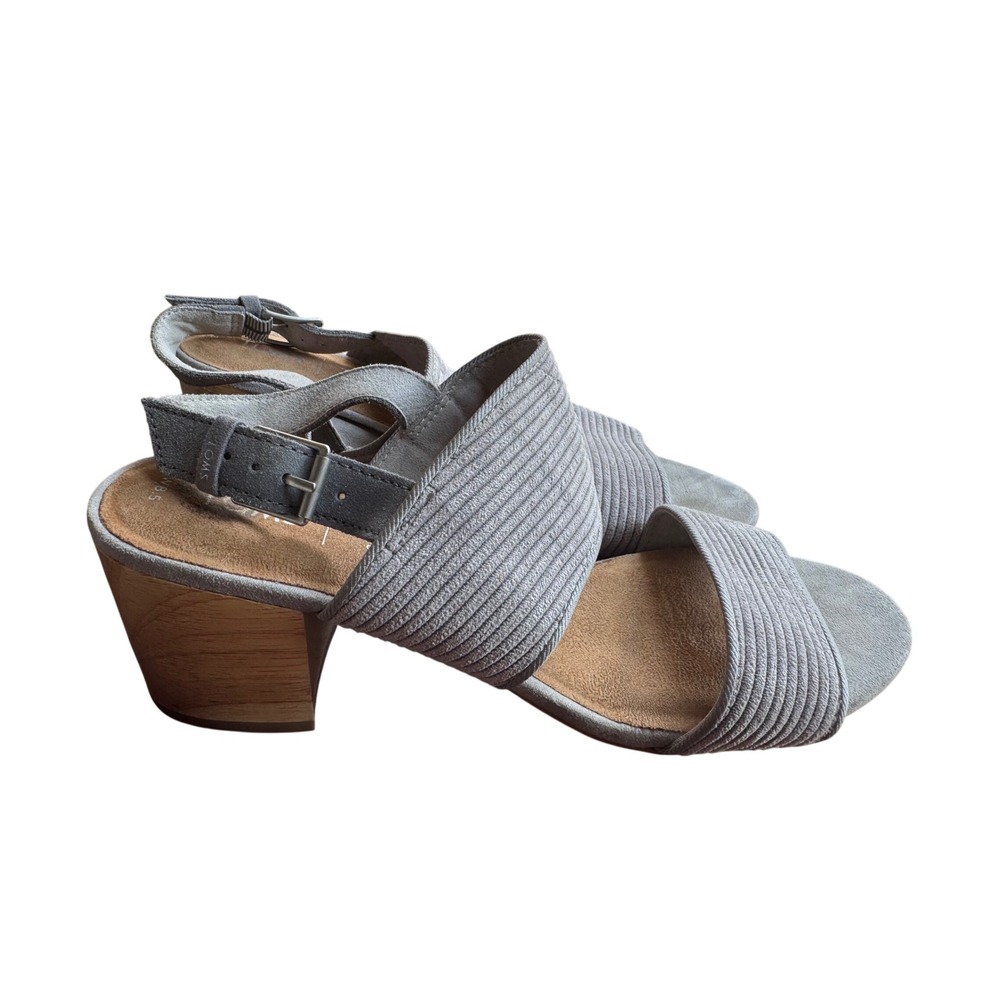 TOMS Monica Sandals Women 8.5 Grey Excellent Block Heel Corded Suede Slingback